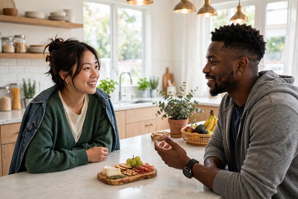 An engaged couple smiling and talking together at their kitchen island