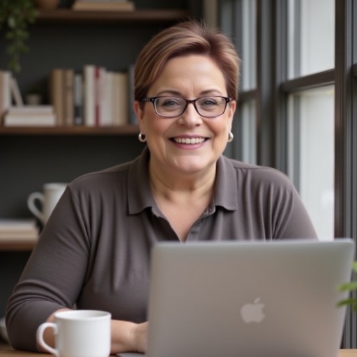 Kristi Brooks-Olivo, premarital coach and marriage educator, smiling at her laptop